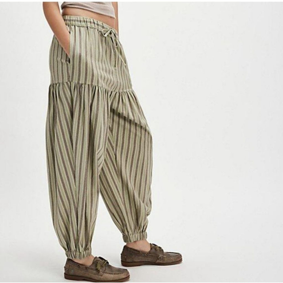 Free People Pants - Free People Ellie Green Brown Striped Harem Pants Joggers Wide-Leg L New